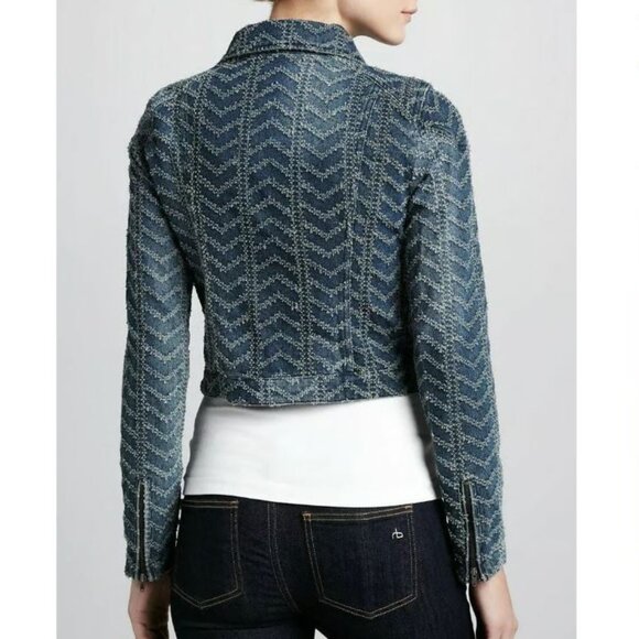 Free People || Punched Denim Herringbone Biker Jacket - Picture 11 of 11